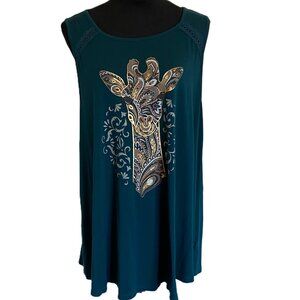 Torrid SZ 18/20 Teal Green Super Soft Knit Tank with Paisley Gold Giraffe